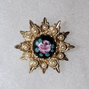 Vintage Gold tone broach painted Rose on black glass